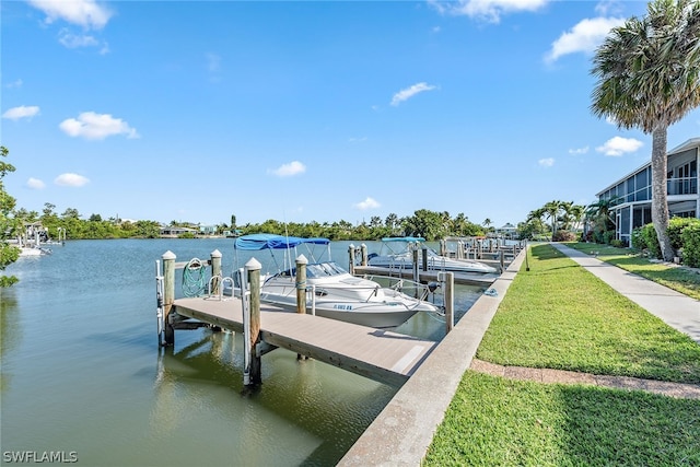 view of dock with a water view and a yard