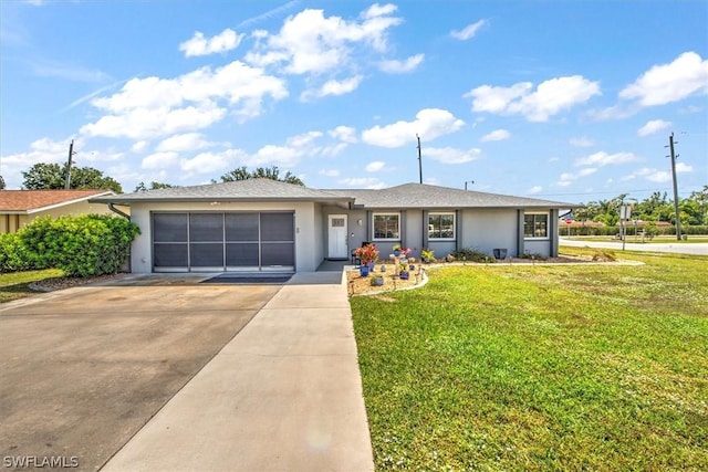 ranch-style house with a garage and a front yard