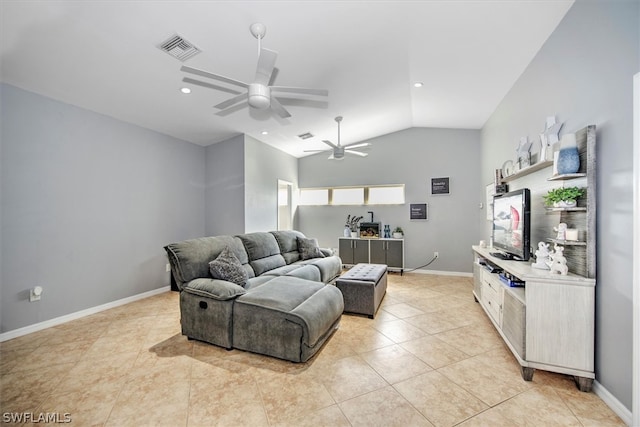 living room featuring light tile patterned flooring, lofted ceiling, and ceiling fan