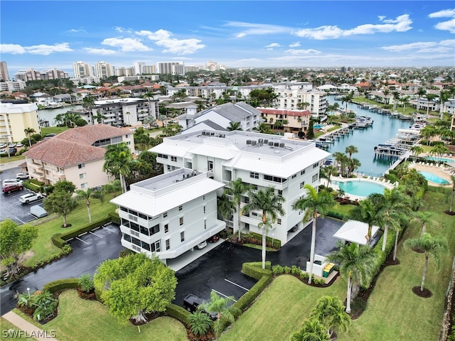 drone / aerial view with a water view