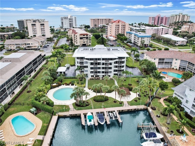 aerial view featuring a water view