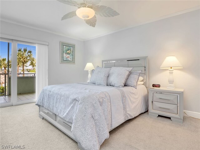 carpeted bedroom featuring access to outside, ornamental molding, and ceiling fan