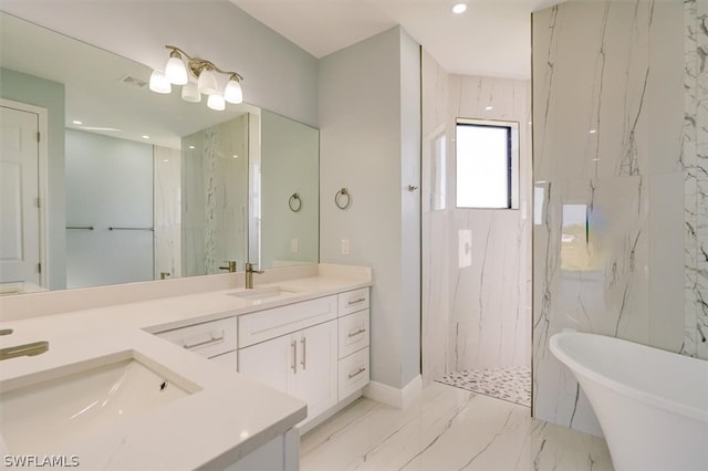 bathroom with tile flooring, vanity, and separate shower and tub