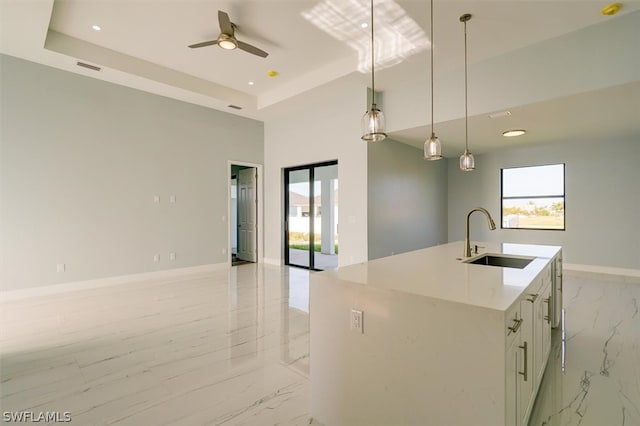 kitchen with sink, pendant lighting, a kitchen island with sink, and a tray ceiling