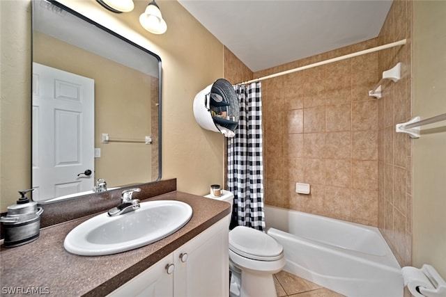 full bathroom with oversized vanity, shower / tub combo, tile floors, and toilet