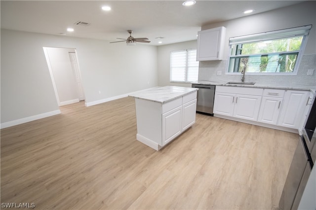 kitchen featuring white cabinetry, sink, a kitchen island, and stainless steel dishwasher