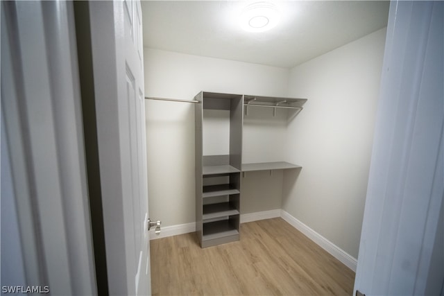 walk in closet with light hardwood / wood-style floors