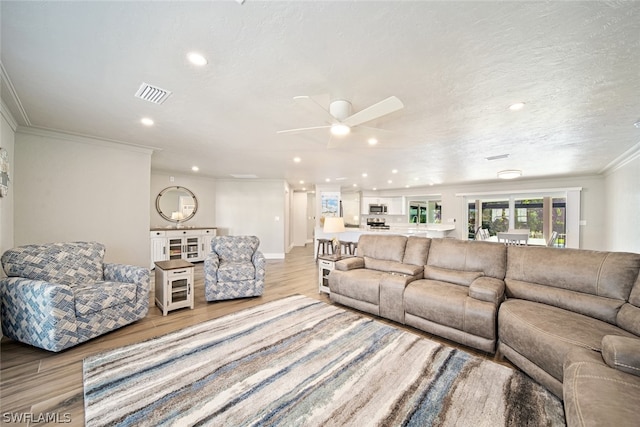 living room with crown molding, light hardwood / wood-style floors, ceiling fan, and a textured ceiling