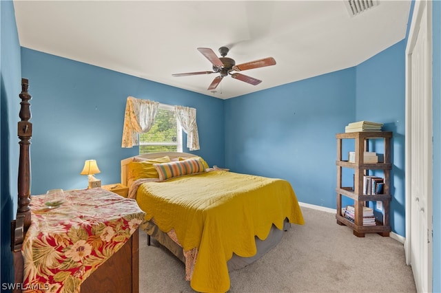 bedroom featuring ceiling fan and carpet flooring