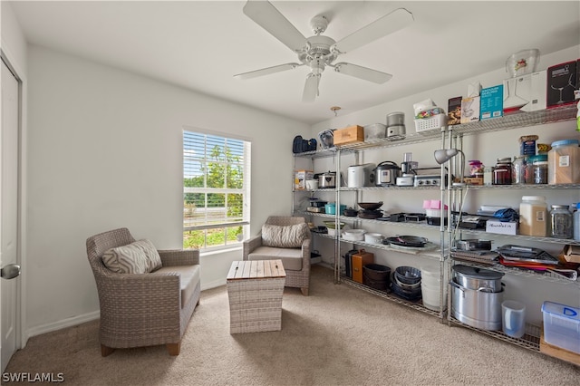 living area with ceiling fan and carpet flooring