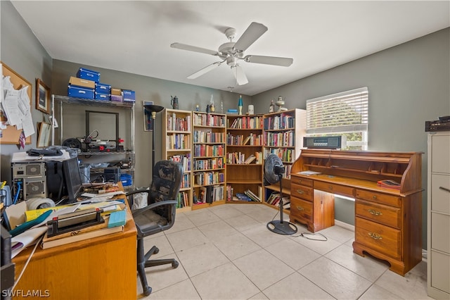 office with ceiling fan and light tile floors