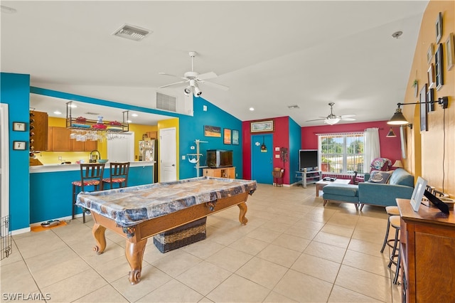 rec room featuring light tile flooring, pool table, ceiling fan, and lofted ceiling