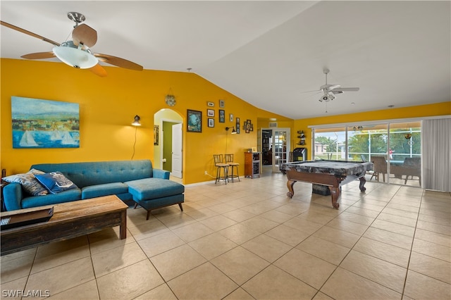 game room featuring ceiling fan, pool table, and light tile flooring