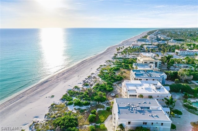 bird's eye view featuring a view of the beach and a water view