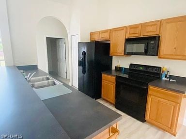 kitchen featuring sink, light hardwood / wood-style floors, and black appliances