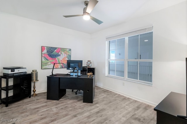 office space featuring ceiling fan and hardwood / wood-style flooring