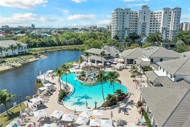 drone / aerial view featuring a water view