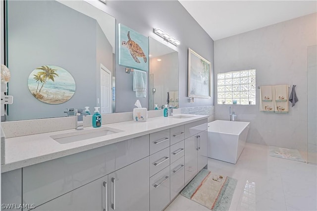 full bathroom featuring double vanity, a freestanding tub, tile walls, and a sink