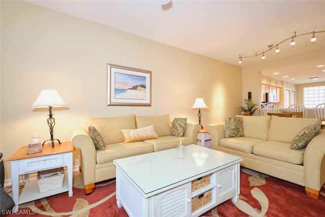 carpeted living room featuring track lighting