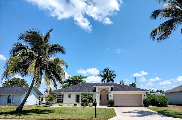 single story home featuring a front lawn and a garage