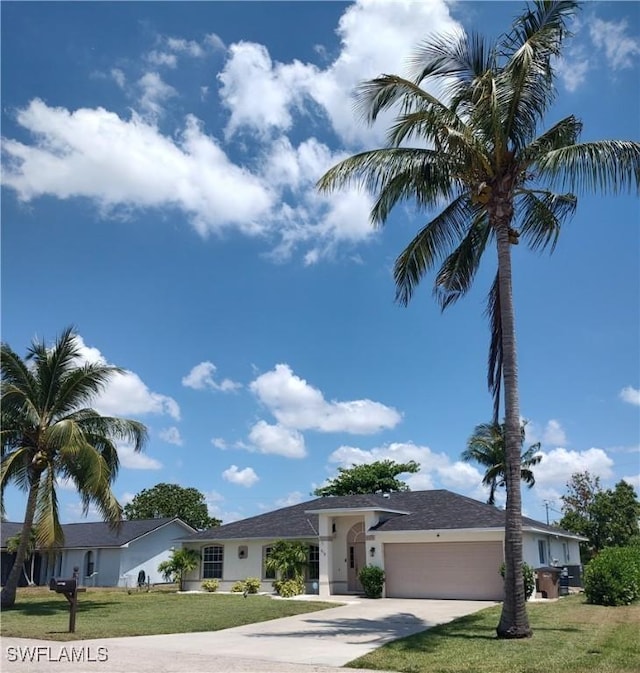 view of front facade featuring a front yard and a garage