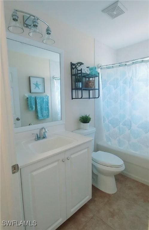 full bathroom featuring vanity, toilet, and shower / tub combo with curtain