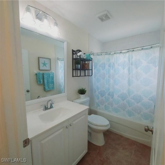 full bathroom with vanity, shower / bathtub combination with curtain, and toilet