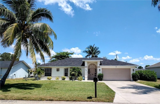 single story home featuring a garage and a front yard