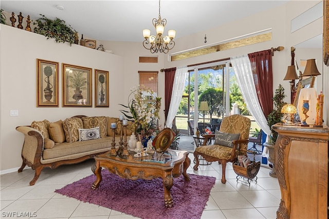 tiled living room featuring a chandelier