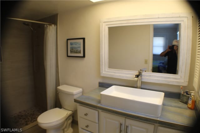 bathroom featuring curtained shower, toilet, and vanity