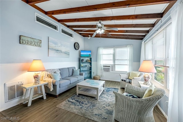 living room featuring ceiling fan, beamed ceiling, dark wood-type flooring, and cooling unit