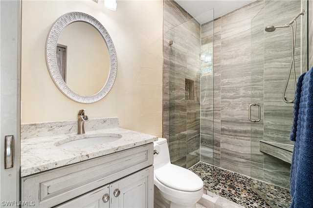 bathroom featuring an enclosed shower, toilet, and vanity