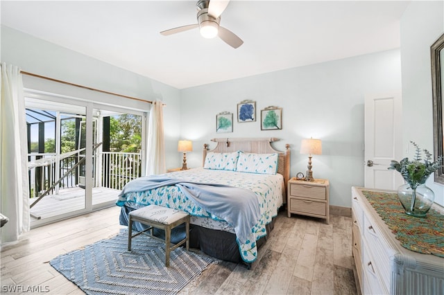 bedroom with ceiling fan, light hardwood / wood-style flooring, and access to outside