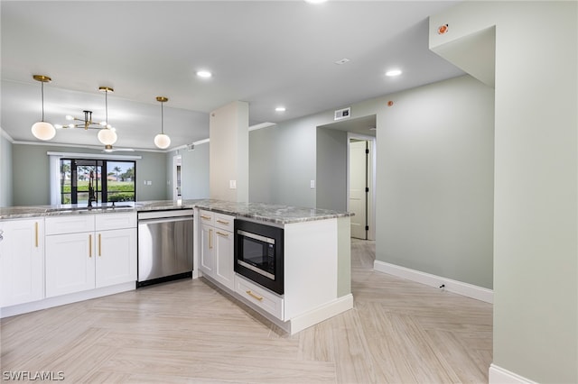 kitchen with white cabinetry, kitchen peninsula, light parquet floors, black microwave, and dishwasher