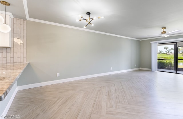 unfurnished room featuring ceiling fan with notable chandelier, ornamental molding, and parquet flooring