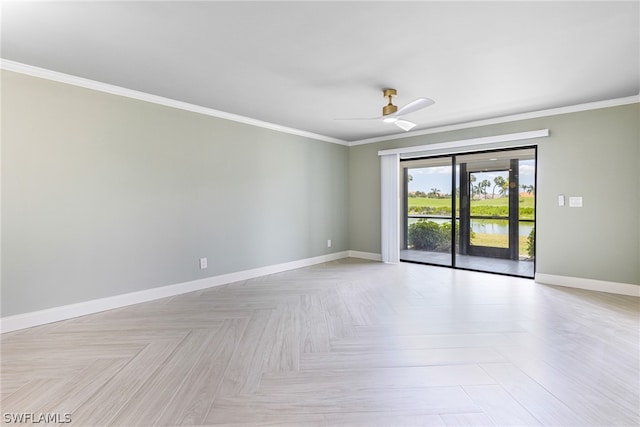 unfurnished room with ornamental molding, light parquet flooring, and ceiling fan