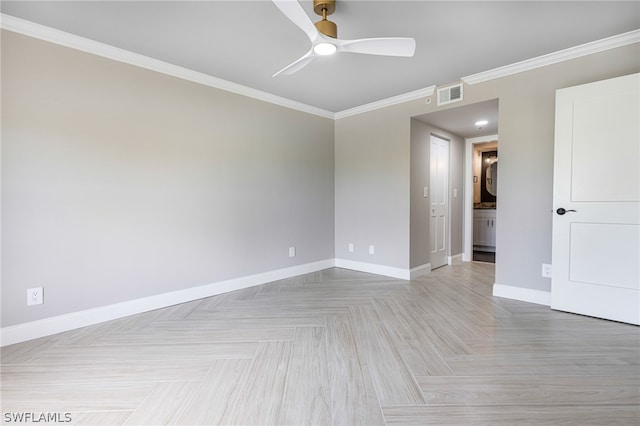 empty room with parquet flooring, ceiling fan, and crown molding