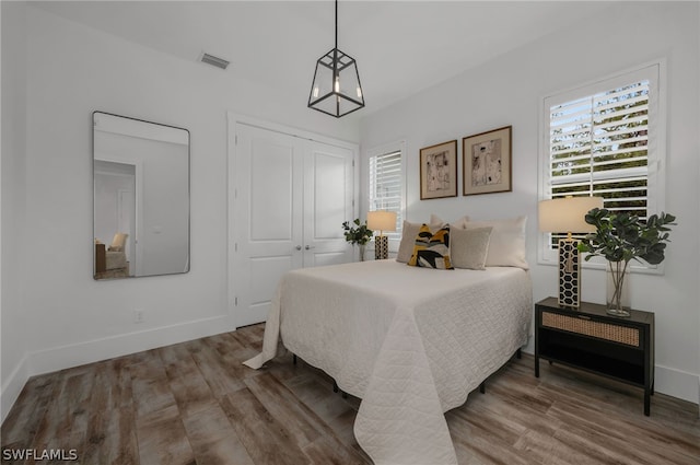 bedroom with wood-type flooring and a closet