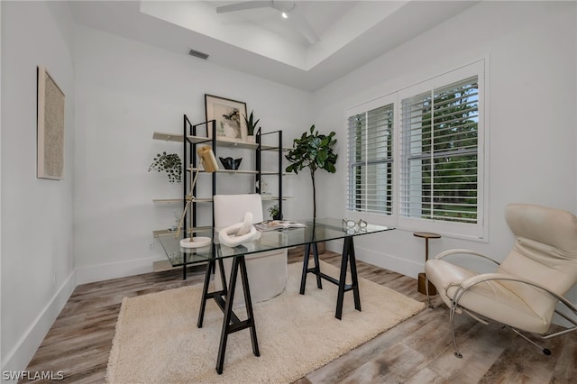 office space with wood-type flooring, a tray ceiling, and ceiling fan