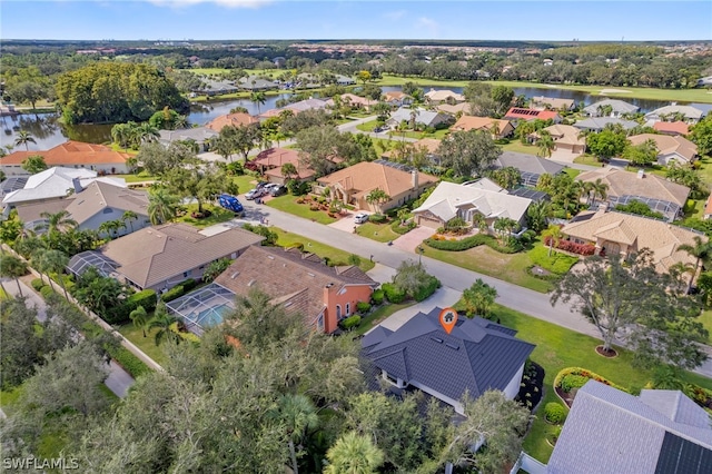 drone / aerial view featuring a water view