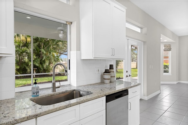 kitchen featuring white cabinetry, backsplash, sink, stainless steel dishwasher, and ceiling fan