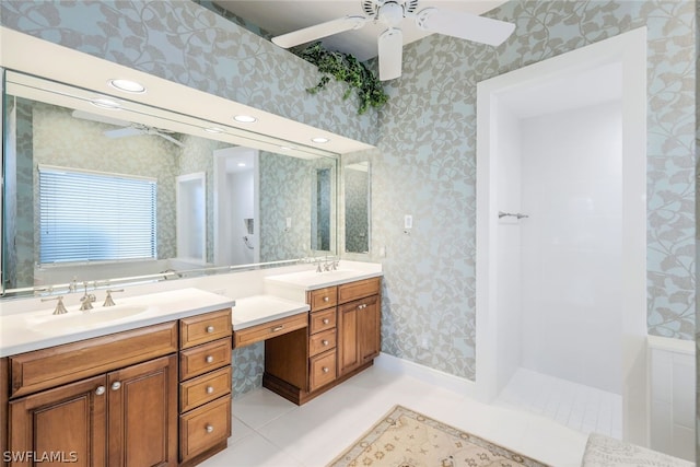 bathroom with vanity, tile patterned floors, and ceiling fan