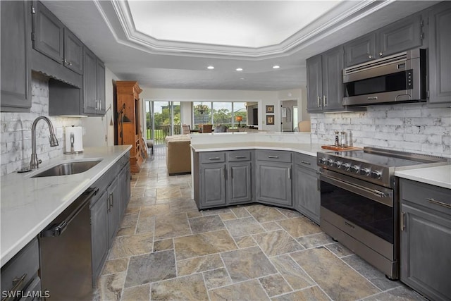 kitchen featuring gray cabinets, a tray ceiling, stainless steel appliances, and a sink