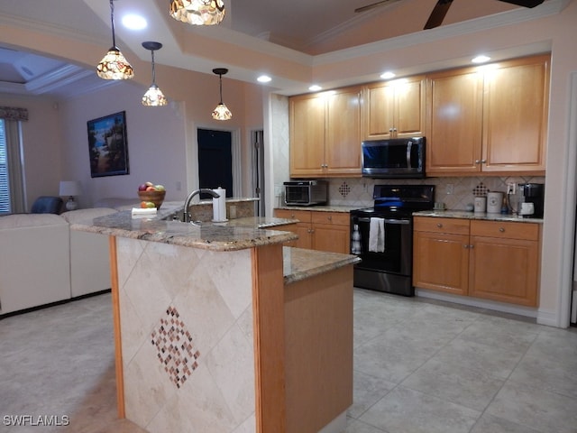 kitchen with a center island with sink, black electric range oven, tasteful backsplash, and crown molding