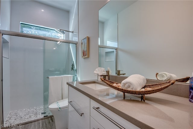 bathroom with an enclosed shower, toilet, oversized vanity, and wood-type flooring