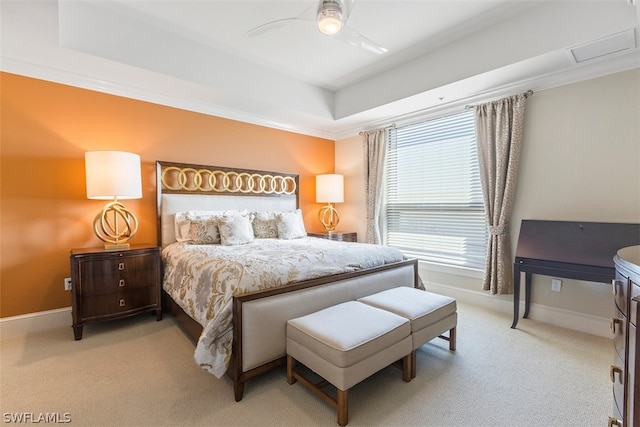 carpeted bedroom with ceiling fan and crown molding