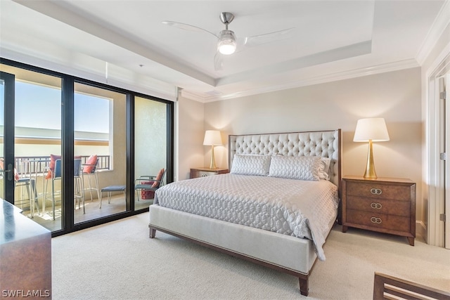 bedroom with access to exterior, light carpet, ceiling fan, and ornamental molding