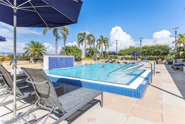 view of swimming pool featuring pool water feature and a patio area