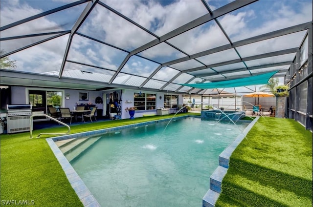 view of pool with pool water feature, glass enclosure, a patio, area for grilling, and an outdoor living space