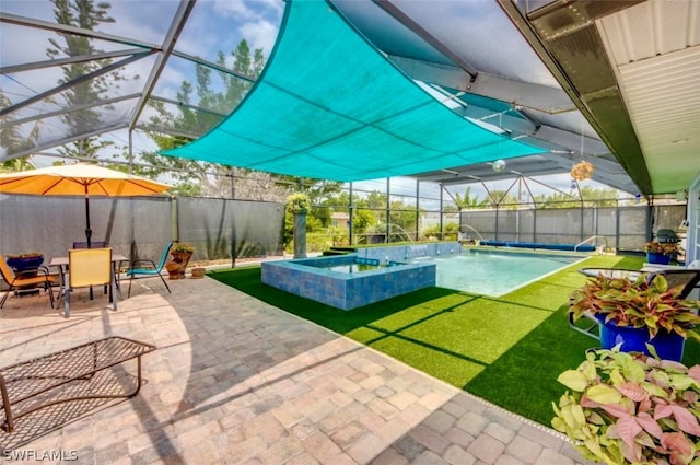 view of terrace with a pool with hot tub, pool water feature, and glass enclosure